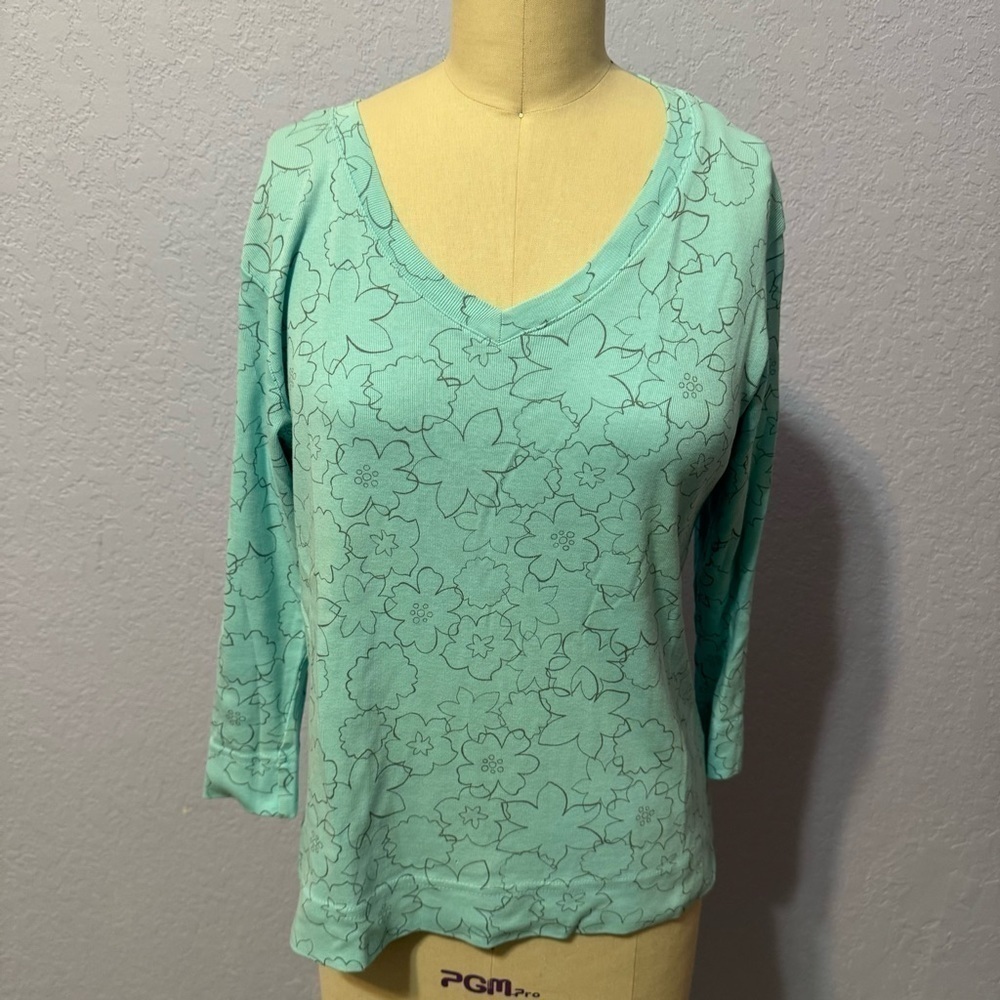 Fresh Produce Blue Floral Cotton Scoop Neck 3/4 Sleeve Base Layer Tee Made In US